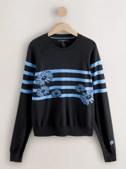 Gebreide Kleding|Next Zwart/blauw gestreept met bloemenprint - Soft Touch Ronde hals Katoen Rijke Trui