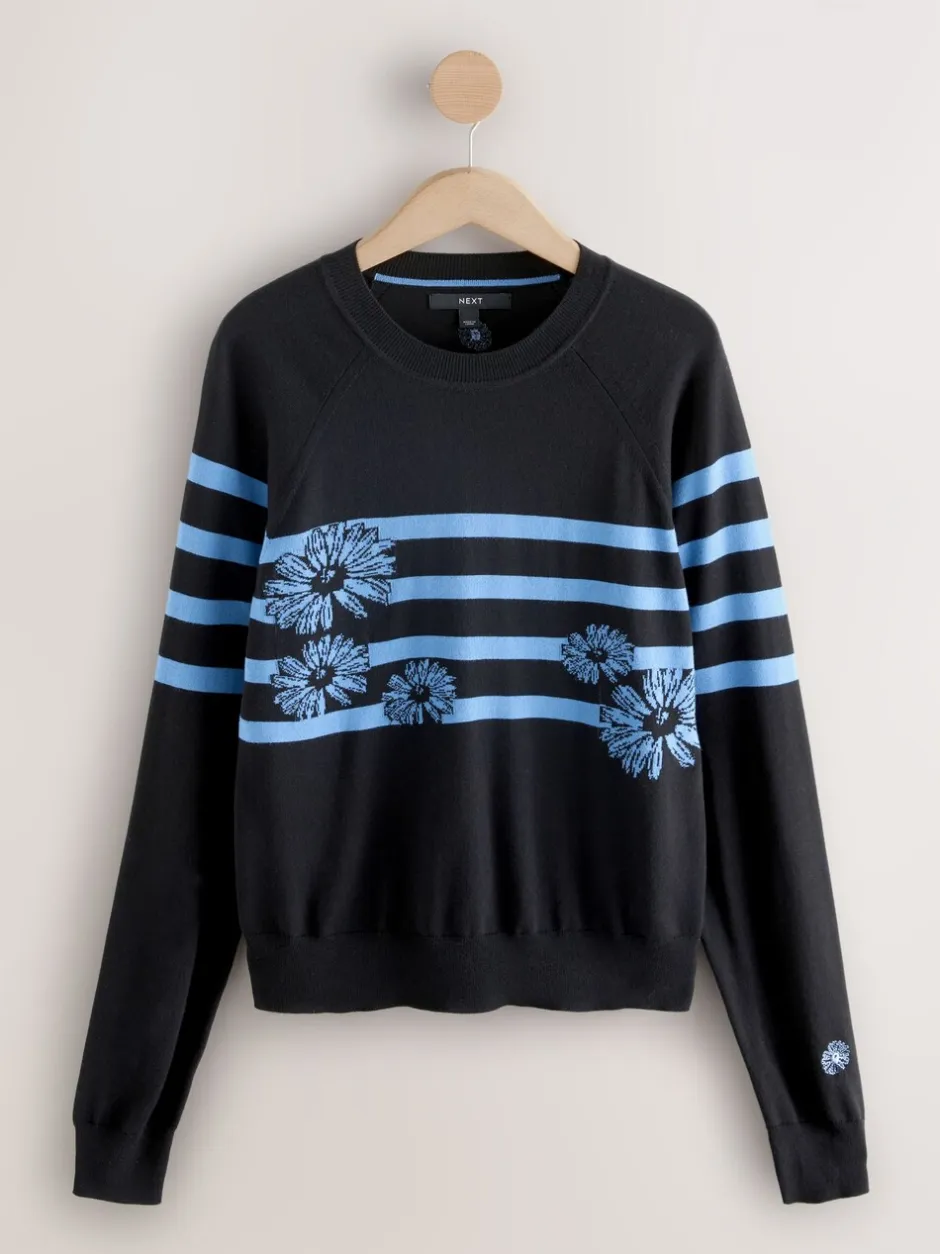 Gebreide Kleding|Next Zwart/blauw gestreept met bloemenprint - Soft Touch Ronde hals Katoen Rijke Trui