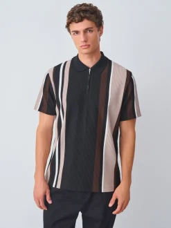 Poloshirts|T-Shirts En Hemden|Next Zwart/bruin - Verticaal gestreepte polo met korte rits
