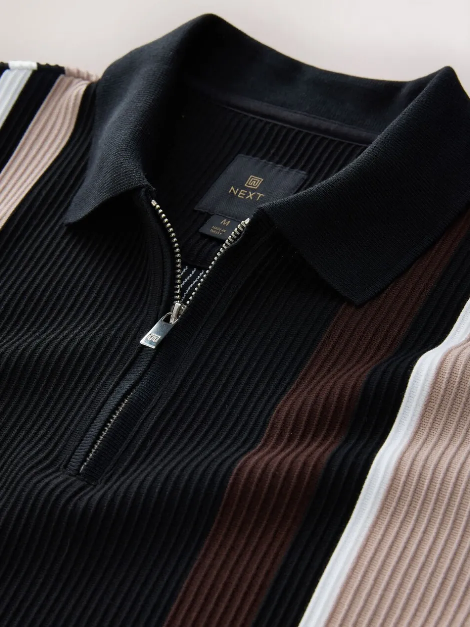 Poloshirts|T-Shirts En Hemden|Next Zwart/bruin - Verticaal gestreepte polo met korte rits