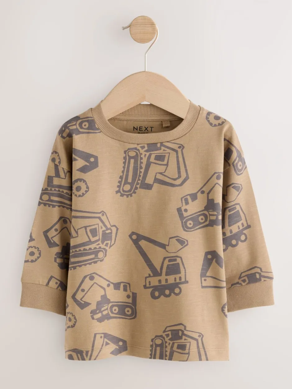 Tops|T-Shirts*Next Zwart/bruin met graafmachine - Set van 3 T-shirts met grafische print en lange mouwen (3mnd-7jr)