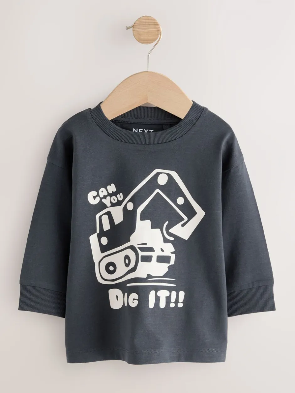 Tops|T-Shirts*Next Zwart/bruin met graafmachine - Set van 3 T-shirts met grafische print en lange mouwen (3mnd-7jr)