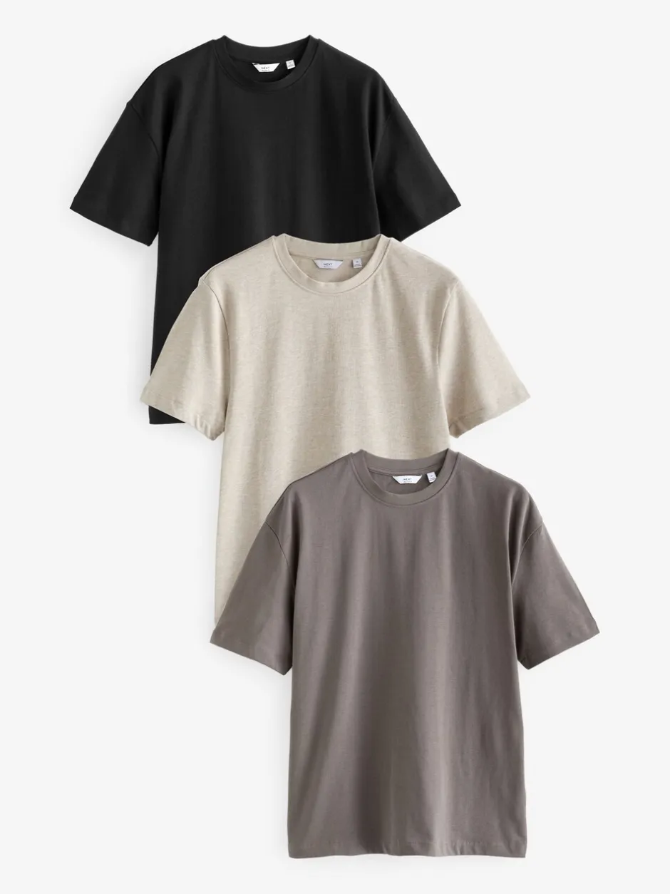 T-Shirts En Hemden*Next Zwart/Bruin/Licht Naturel - Relaxed fit - Verpakking van 3 T-shirts van zware stof
