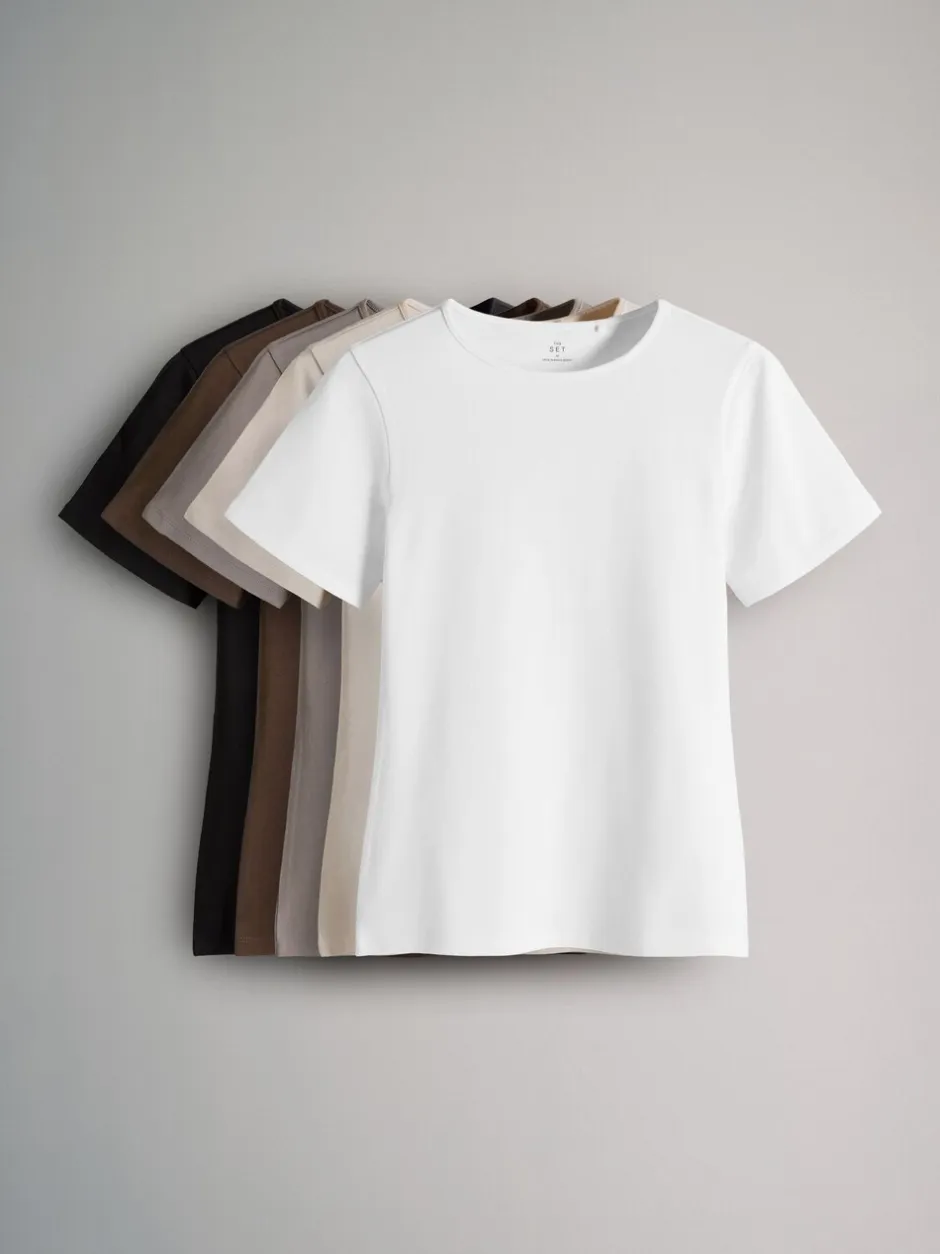 Tops En T-Shirts|The Set - 5 Pack Korte mouwen T-shirts met Ronde hals Zwart/bruin/neutraal/nude/wit