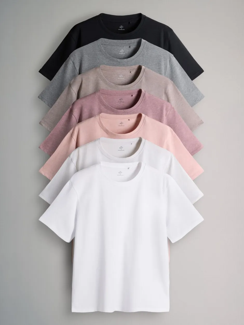 Tops En T-Shirts*The Set - 7 Pack Essential T-Shirts Zwart/Bruin/Taupe/Roze/Lichtroze/Crème/Wit