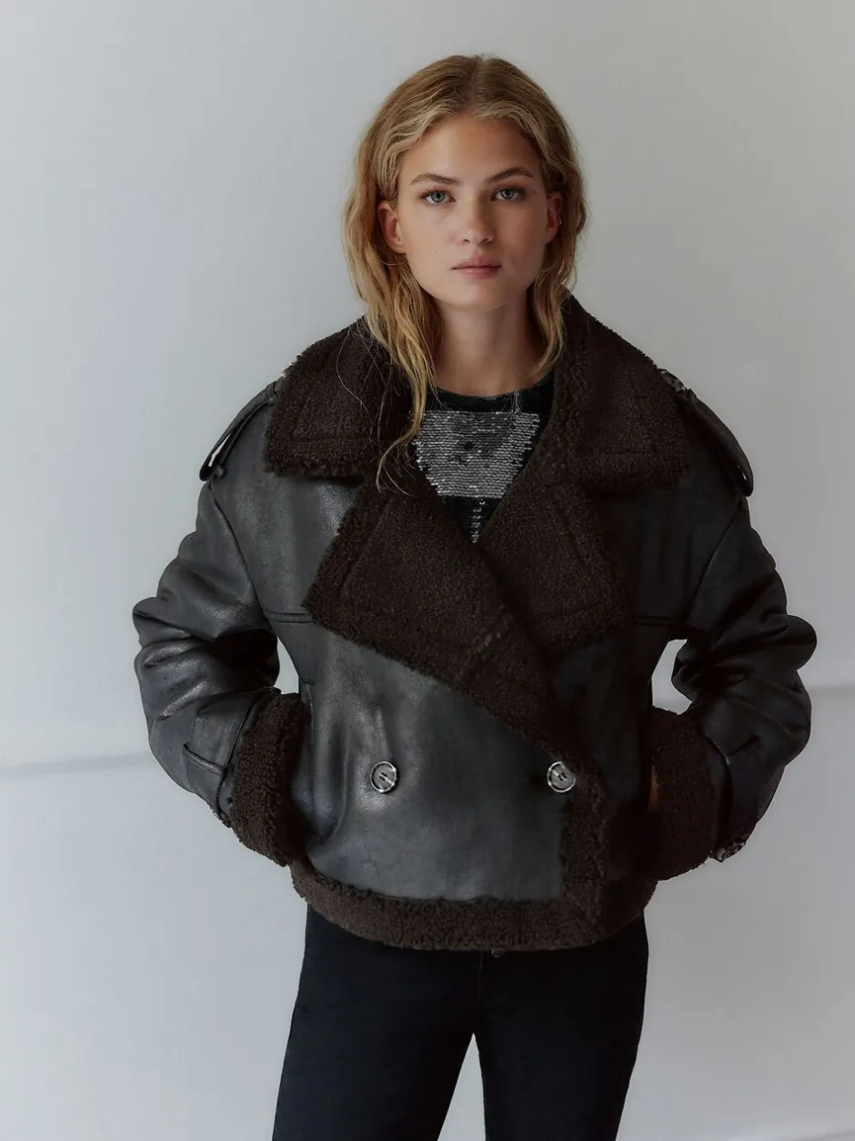 Jassen En Jacks*Next Zwart/chocoladebruin - Faux Shearling Cropped Aviator Jacket
