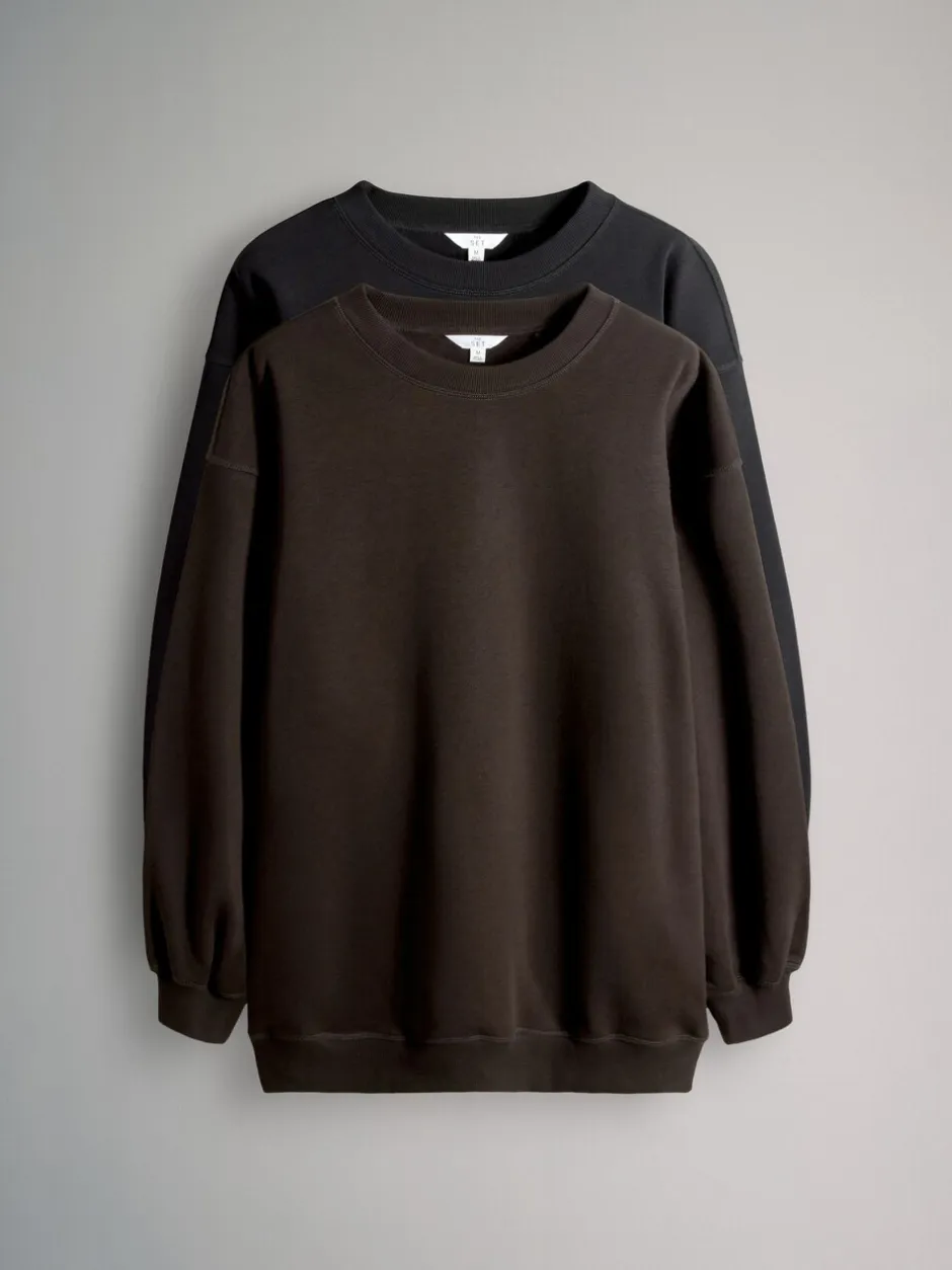 Hoody's En Sweatshirts*The Set - 2 Pack Longline Crew Neck Sweatshirt Zwart/chocoladebruin