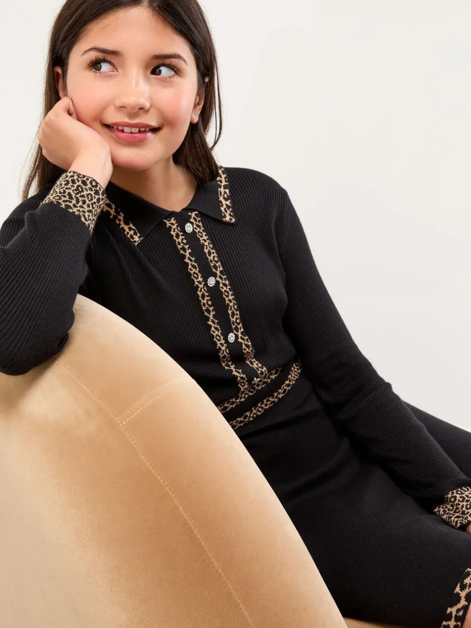 Gebreide Kleding*Lipsy - - Gebreide overhemdjurk met lange mouwen (5-16jaar) Zwart/dierenprint