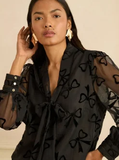 Blouses En Overhemden|Love & Roses Zwarte Fluwelen Strik - blouse met lange mouwen en striksluiting