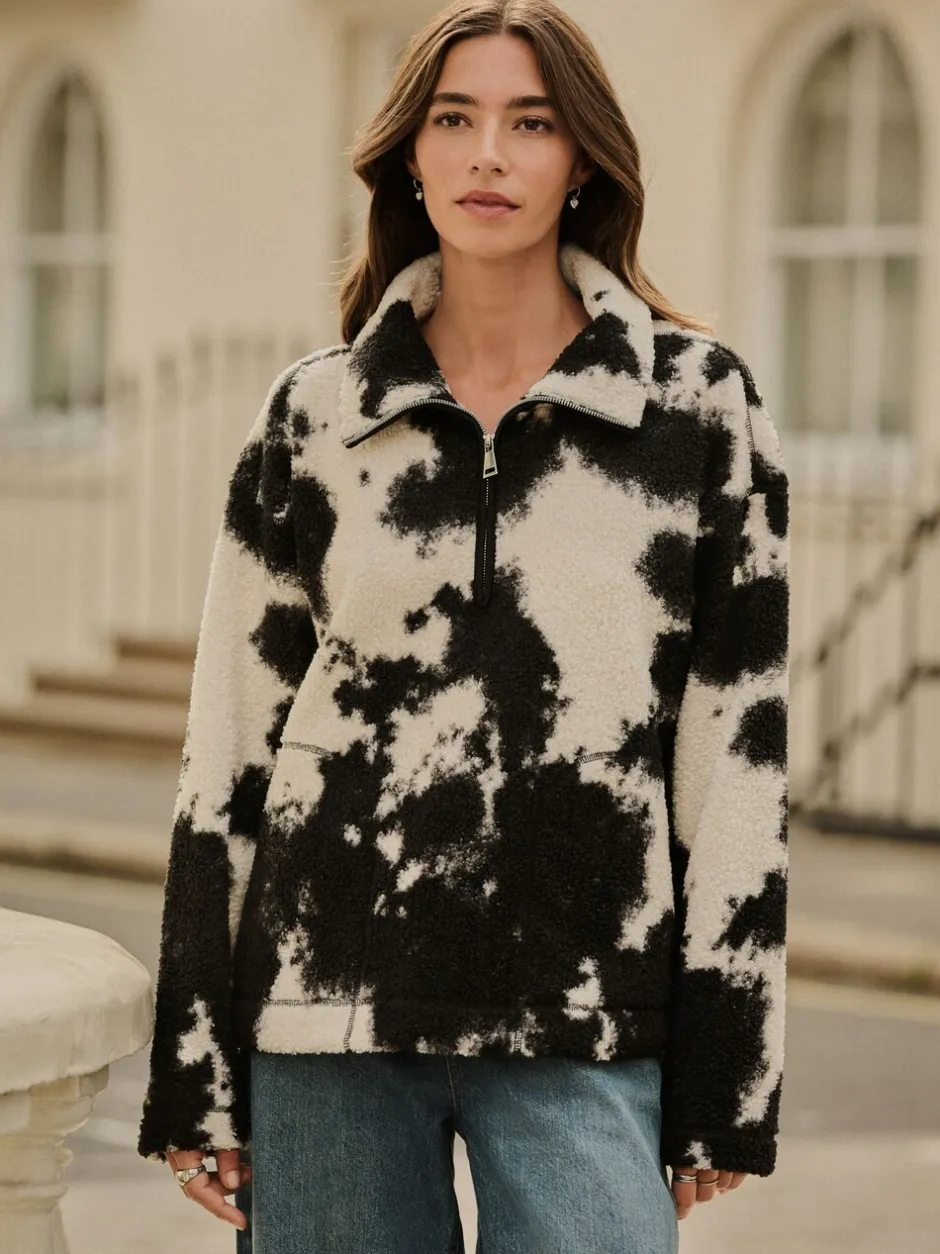 Hoody's En Sweatshirts|Next Zwart/ecru koeienprint - Soft Touch Knusse Teddy Borg Kwartrondrits Fleece