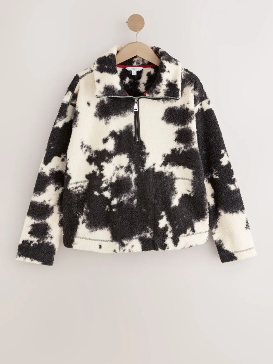 Hoody's En Sweatshirts|Next Zwart/ecru koeienprint - Soft Touch Knusse Teddy Borg Kwartrondrits Fleece