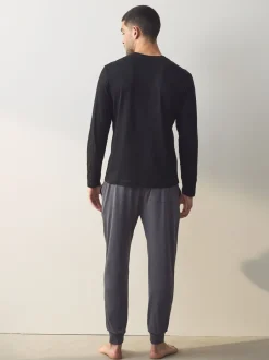 Pyjama's*Next Zwart/grijs - Long Sleeve Cuffed 100% Cotton Pyjamas