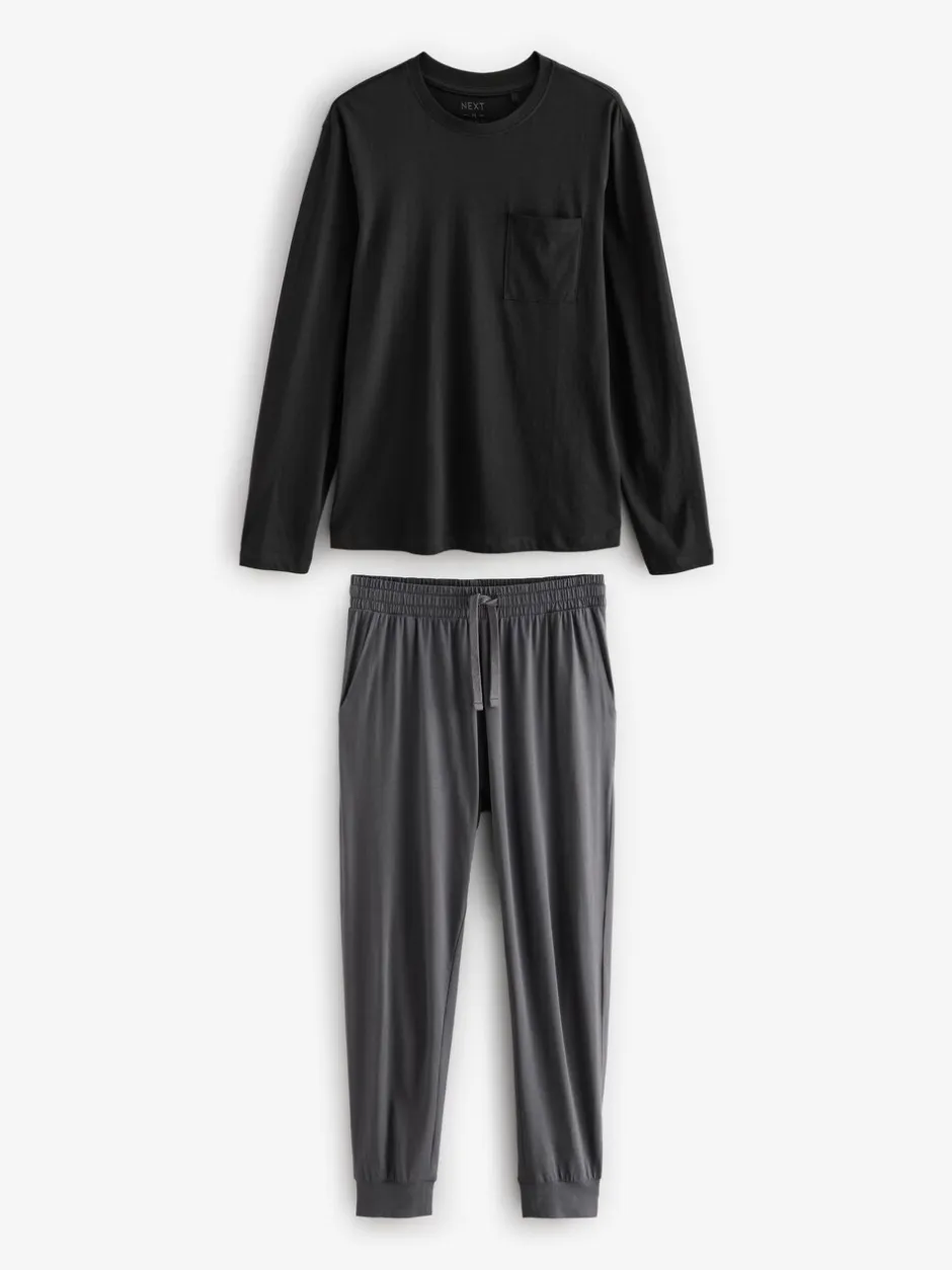 Pyjama's*Next Zwart/grijs - Long Sleeve Cuffed 100% Cotton Pyjamas
