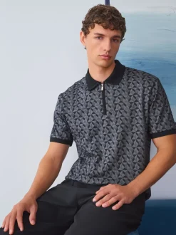 Poloshirts*Next - Pattern Quarter Zip Polo Shirt Zwart/grijs Geo