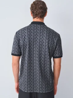 Poloshirts*Next - Pattern Quarter Zip Polo Shirt Zwart/grijs Geo