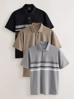 Poloshirts|Next Zwart/grijs/naturel blok - Set van 3 jersey poloshirts met korte mouwen