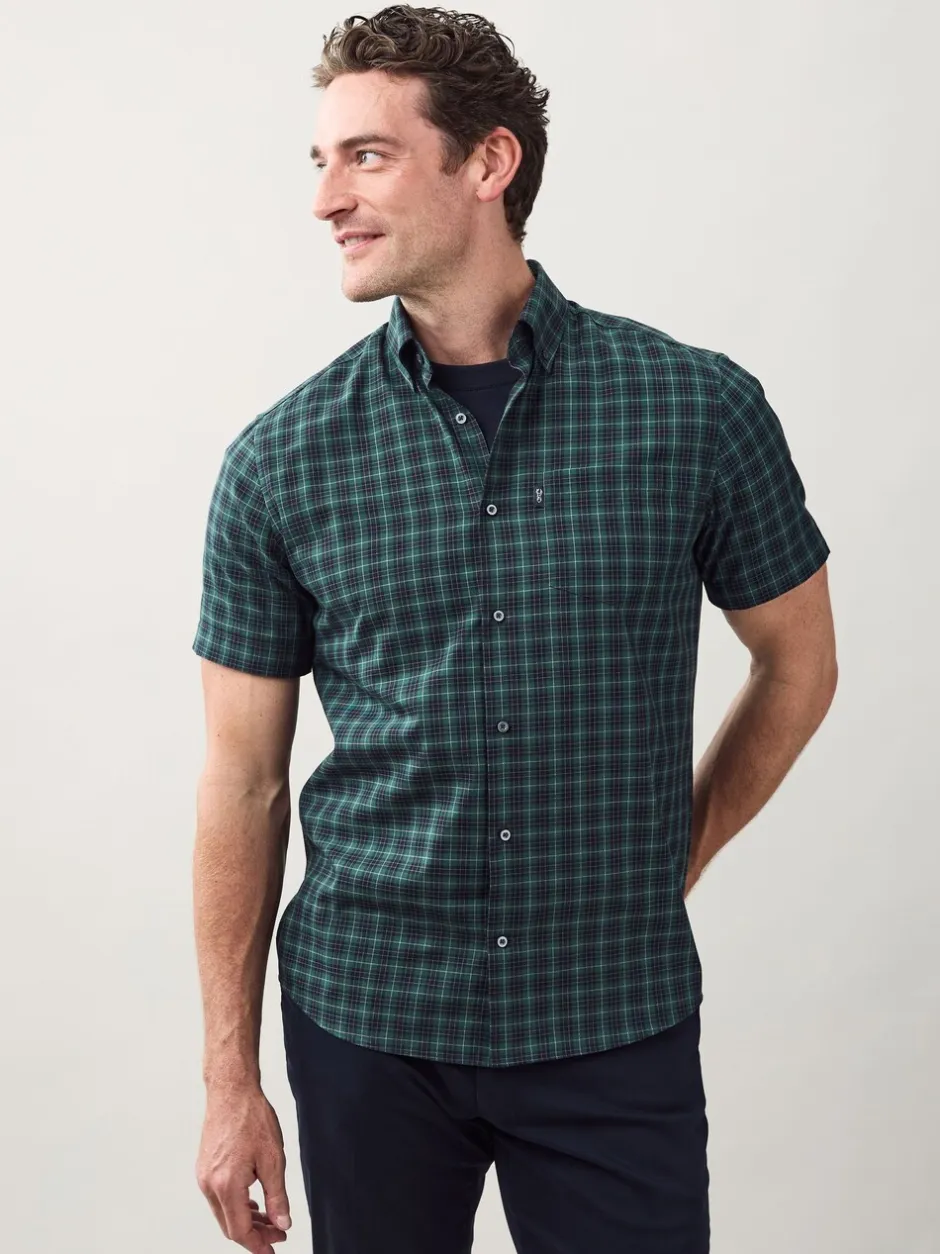 Shirts|Next Zwart/groen mini-ruit - Strijvrij Oxford overhemd met korte mouwen en knopen