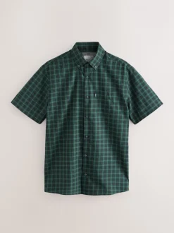 Shirts|Next Zwart/groen mini-ruit - Strijvrij Oxford overhemd met korte mouwen en knopen