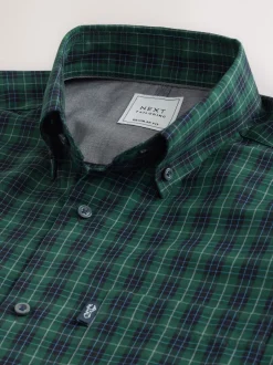 Shirts|Next Zwart/groen mini-ruit - Strijvrij Oxford overhemd met korte mouwen en knopen