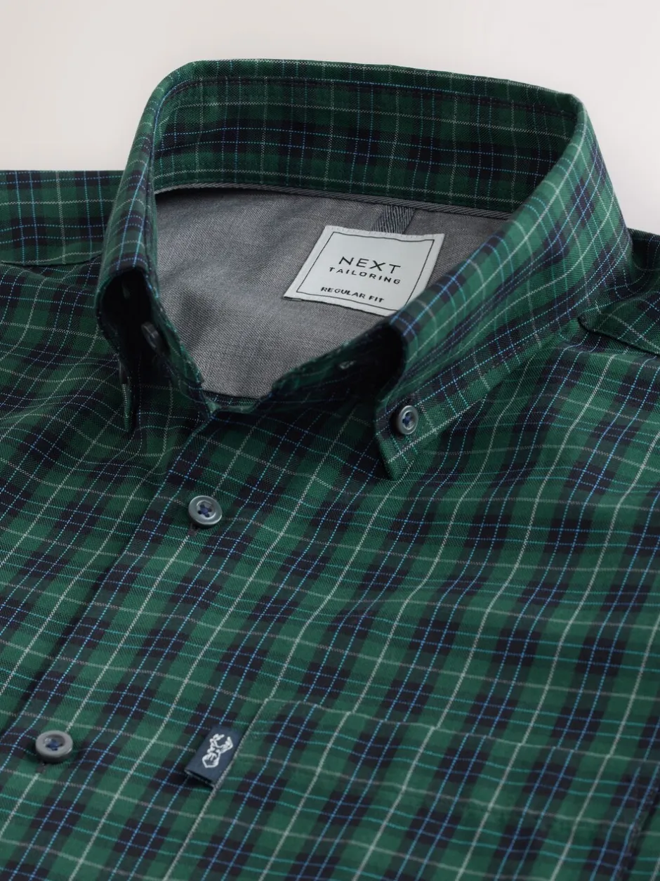 Shirts|Next Zwart/groen mini-ruit - Strijvrij Oxford overhemd met korte mouwen en knopen