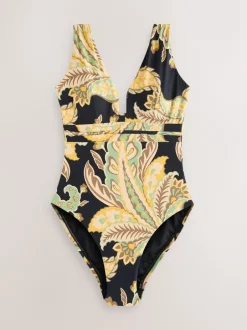 Badkleding*Next Zwart/groen paisley - Diepuitgesneden vormgevend buikcorrigerend badpak