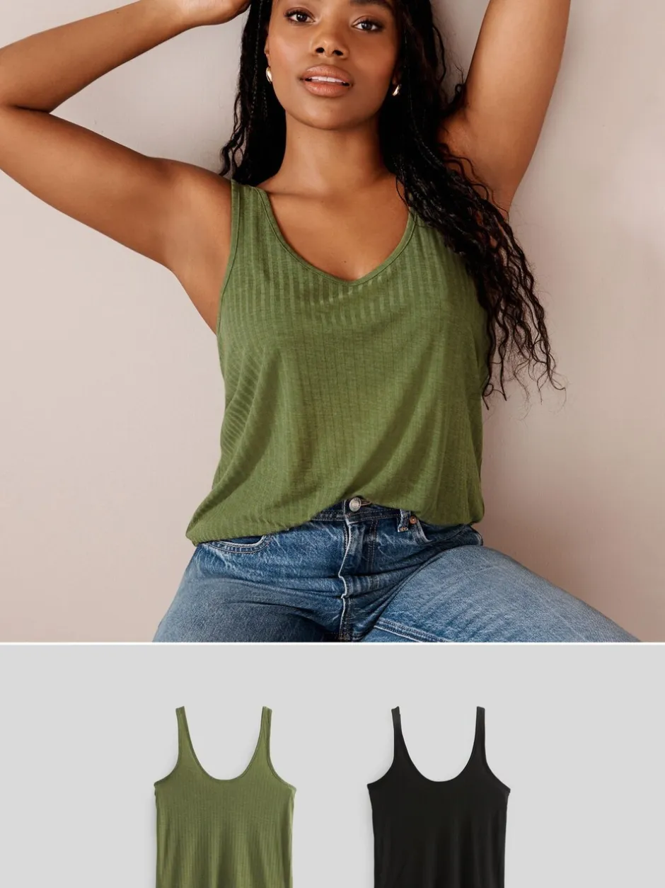 Tops En T-Shirts|Next - Verpakking van 2 geribbelde nonchalante hemdjes met ruime ronde hals Zwart/kakigroen