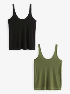 Tops En T-Shirts|Next - Verpakking van 2 geribbelde nonchalante hemdjes met ruime ronde hals Zwart/kakigroen