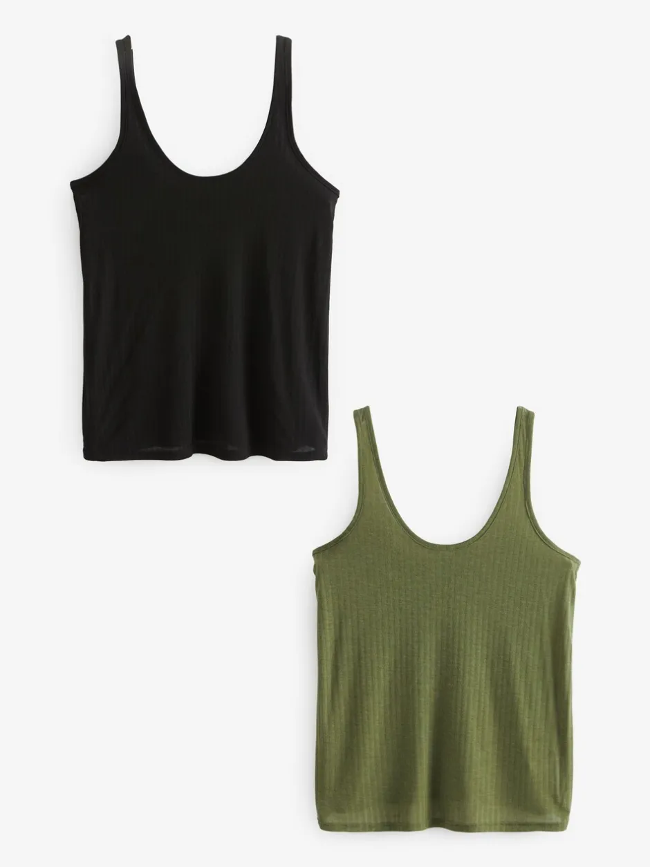Tops En T-Shirts|Next - Verpakking van 2 geribbelde nonchalante hemdjes met ruime ronde hals Zwart/kakigroen