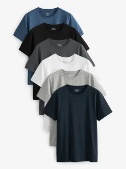 T-Shirts En Hemden|Next Zwart/leisteen/grijs gemêleerd/wit/marineblauw/blauw - Normale Pasvorm - Essential katoenen T-shirts verpakking van 6