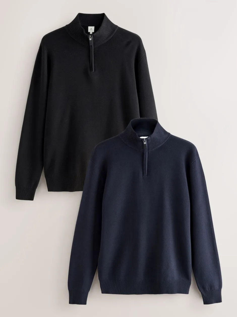 Gebreide Kleding*Next - 100% Cotton Regular Fit Premium Quarter Zip Jumpers 2 Pack Zwart/marineblauw
