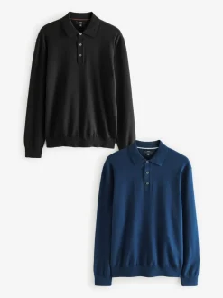Gebreide Kleding|Poloshirts*Next - Gebreide poloshirts met lange mouwen 2 -pack Zwart/marineblauw