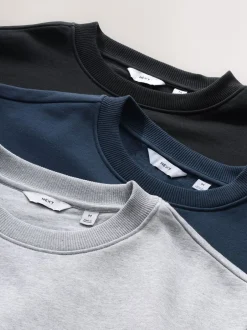 Sweaters En Hoody´S|Sweaters En Hoody´S*Next Zwart/Marineblauw/Gemêleerd grijs - Heavyweight Cotton Rich Jersey Crew Sweatshirts 3 Pack