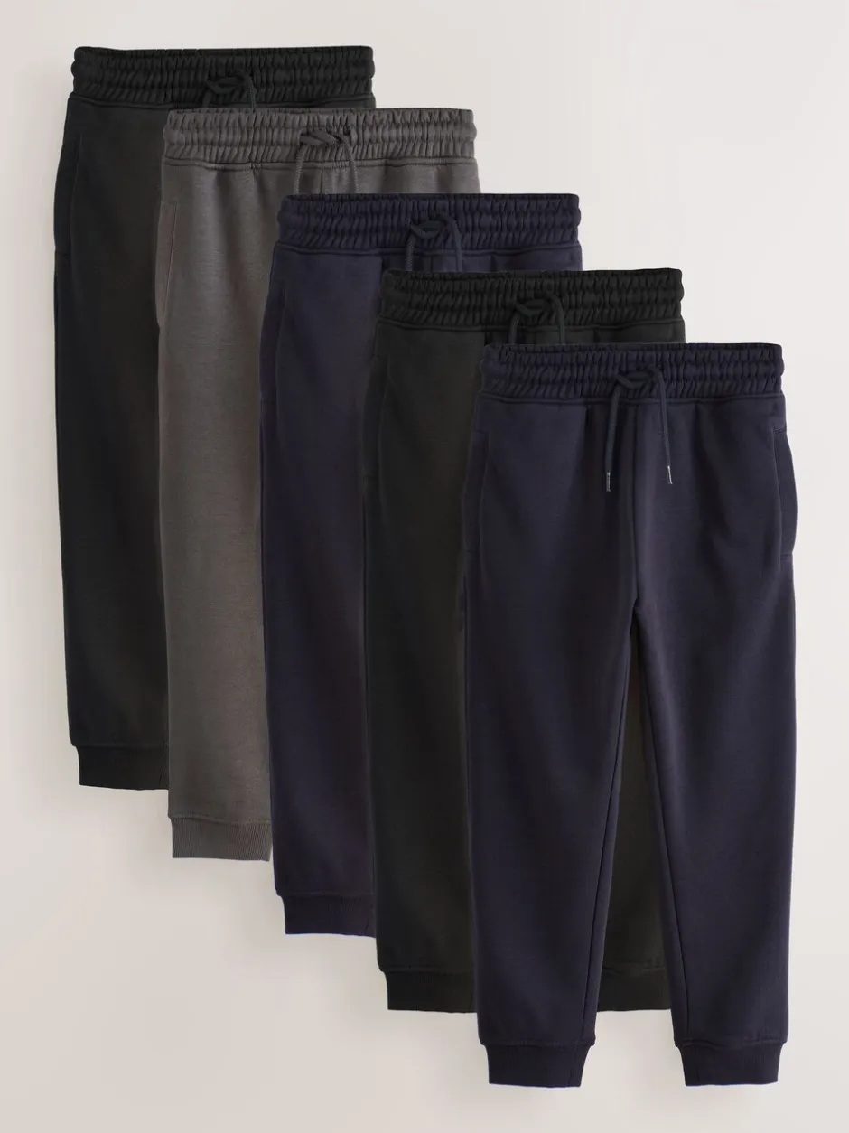 Joggingbroeken|Next - Basic joggingbroeken, set van 5 (3-16jaar) Zwart/marineblauw/grijs