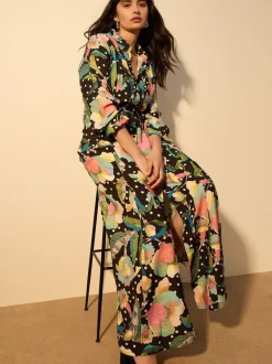 Jurken*Next - Printed Long Sleeve Shirt Dress Zwart/meerkleurig met bloemenprint