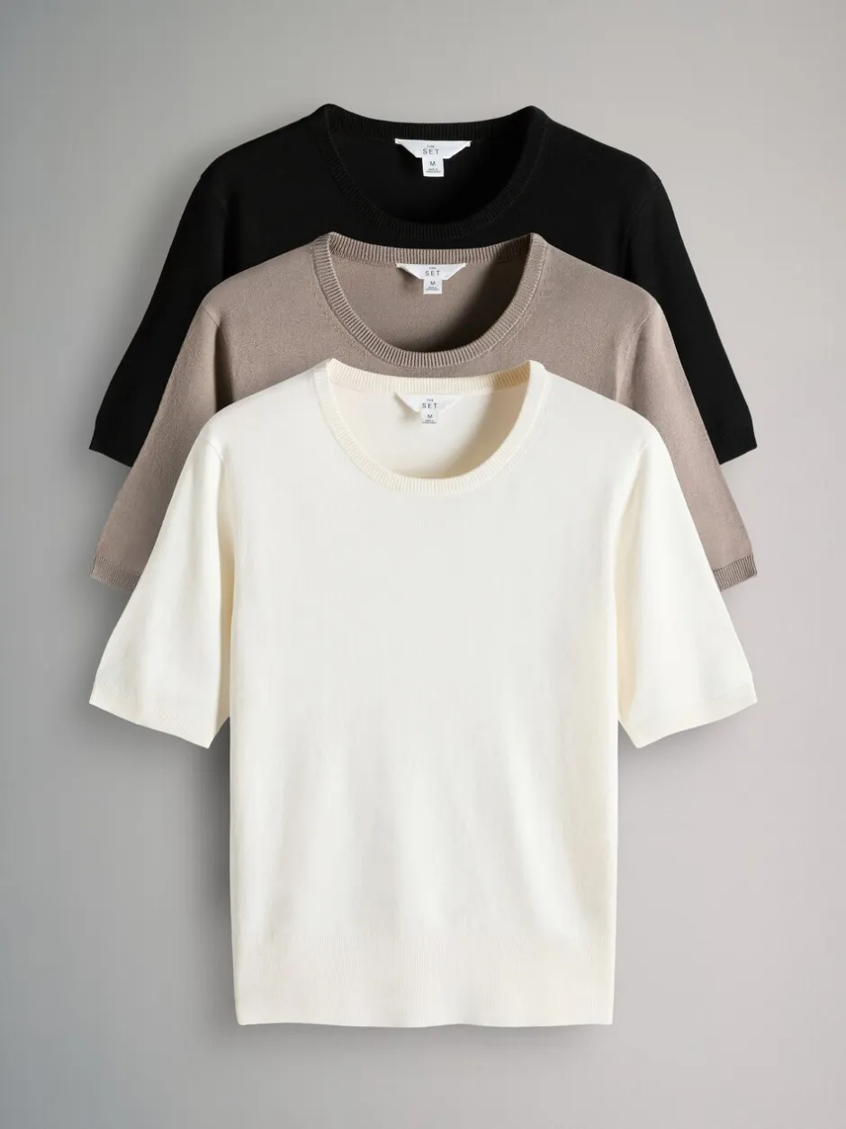 Tops En T-Shirts|The Set - fijngebreide T-shirts Zwart/Naturel/Crème