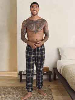 Pyjama's|Loungewear*Next Zwart/neutraal geruit - Motionflex Corded Cosy Cuffed Pyjama Bottoms