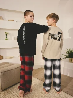 Pyjama's|Nachtkleding En Pyjama's|Next Zwart/Rood/kiezelkleurig Offline - Set van 2 geweven geruite pyjama's met lange mouwen (3-16jr)