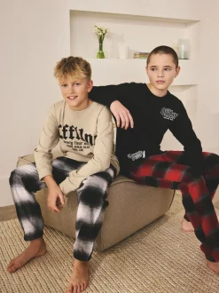 Pyjama's|Nachtkleding En Pyjama's|Next Zwart/Rood/kiezelkleurig Offline - Set van 2 geweven geruite pyjama's met lange mouwen (3-16jr)