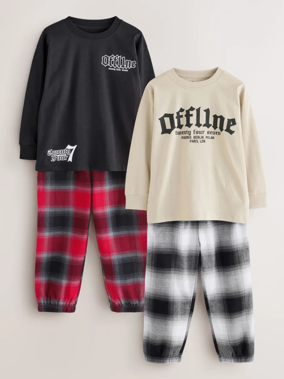 Pyjama's|Nachtkleding En Pyjama's|Next Zwart/Rood/kiezelkleurig Offline - Set van 2 geweven geruite pyjama's met lange mouwen (3-16jr)