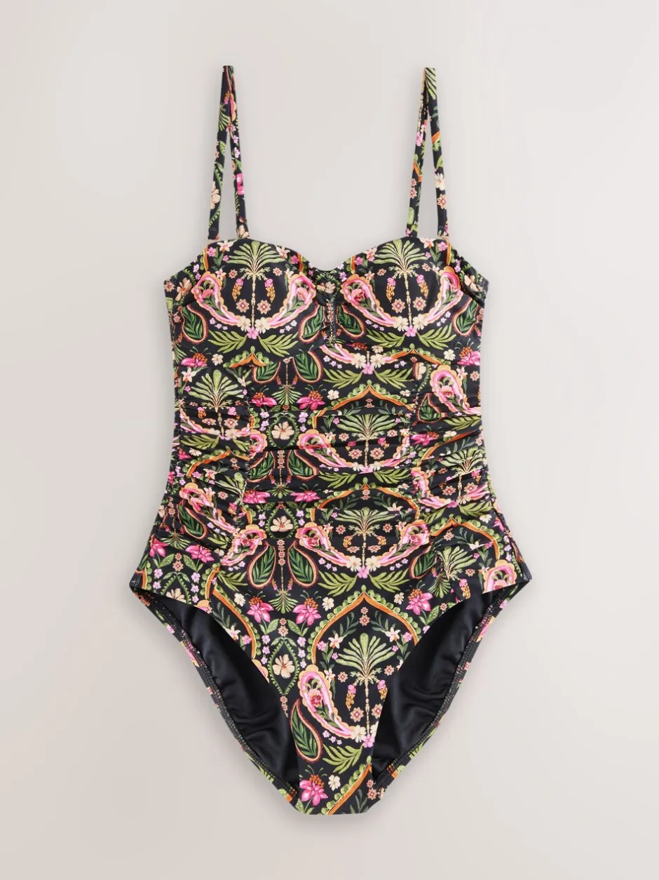Badkleding|Next Zwart/Roze paisley - Vormgevend bandeaubadpak met buikcorrectie