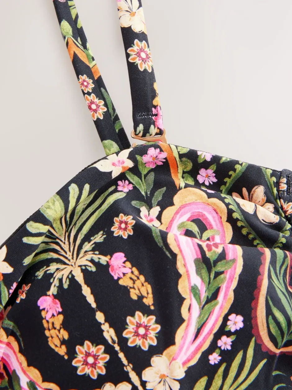 Badkleding|Next Zwart/Roze paisley - Vormgevend bandeaubadpak met buikcorrectie