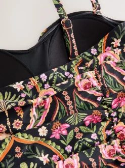 Badkleding|Next Zwart/Roze paisley - Vormgevend bandeaubadpak met buikcorrectie