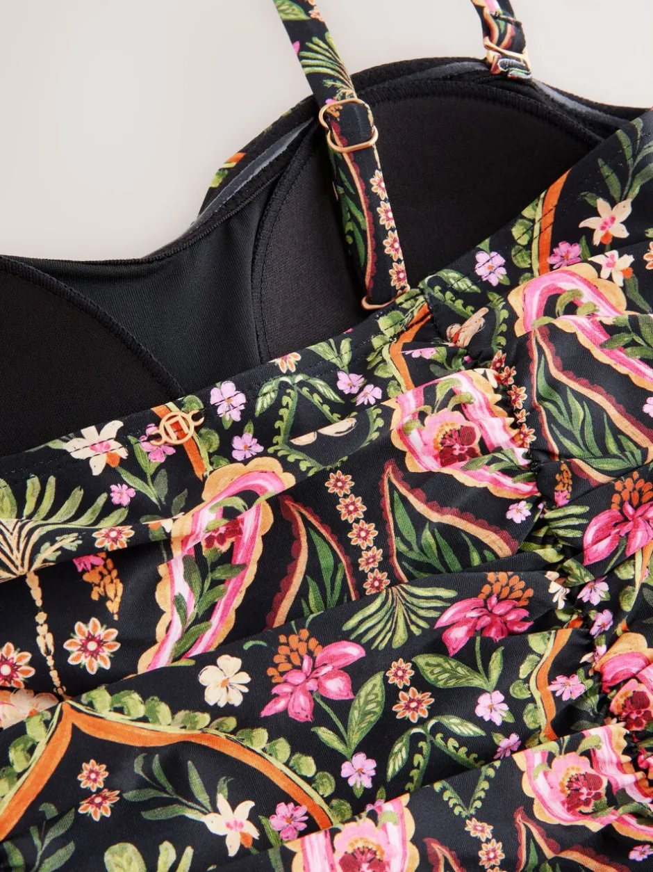 Badkleding|Next Zwart/Roze paisley - Vormgevend bandeaubadpak met buikcorrectie