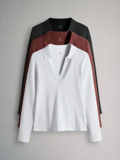 Tops En T-Shirts|The Set - 3 Pack Long Sleeve Ribbed Polo Top Zwart/roze/wit