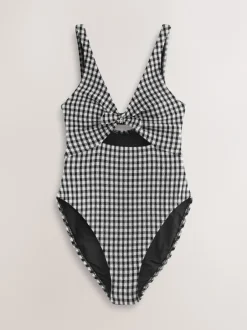 Badkleding*Next Zwart/wit gekreukte gingham-ruit - Uitgesneden plooi buik controle Zwempak