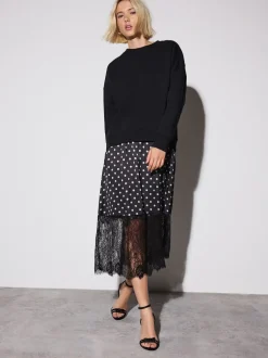 Gelegenheidskleding|Jurken*Next Zwart-wit gestipt - 2-In-1 Sweatshirt met Satijnen Midi Rok