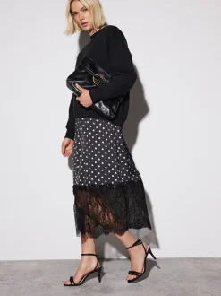 Gelegenheidskleding|Jurken*Next Zwart-wit gestipt - 2-In-1 Sweatshirt met Satijnen Midi Rok