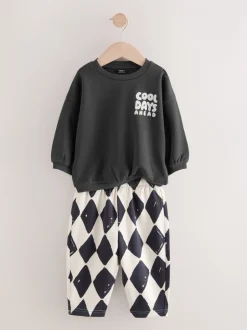 Sets En Combisets|Truien En Breisels|Next Zwart/wit met print - Set met sweatshirt en joggingbroek met strepen (3mnd-7jr)