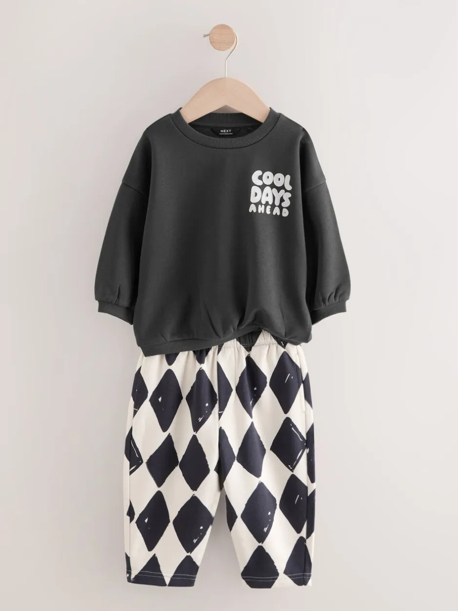 Sets En Combisets|Truien En Breisels|Next Zwart/wit met print - Set met sweatshirt en joggingbroek met strepen (3mnd-7jr)