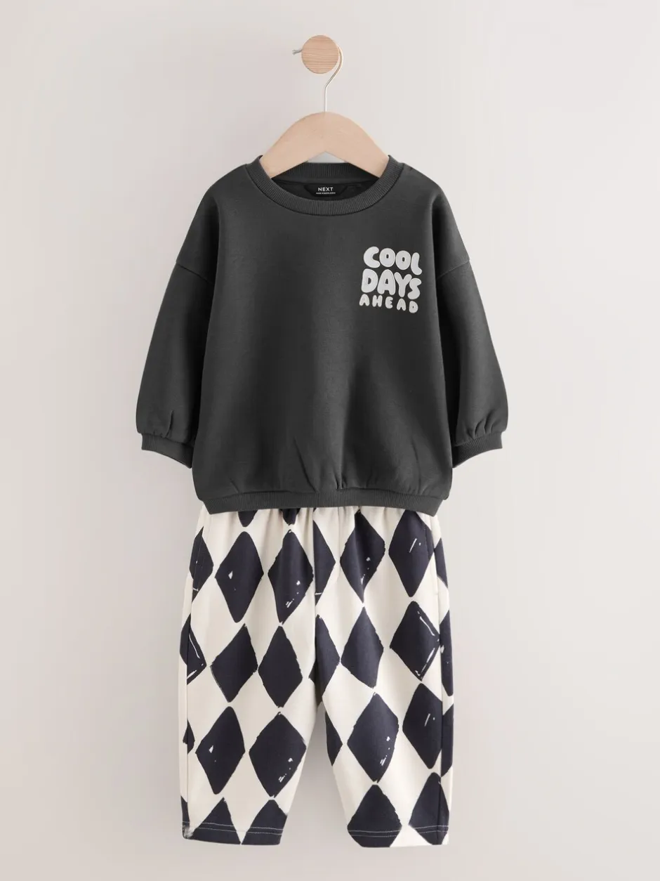 Sets En Combisets|Truien En Breisels|Next Zwart/wit met print - Set met sweatshirt en joggingbroek met strepen (3mnd-7jr)